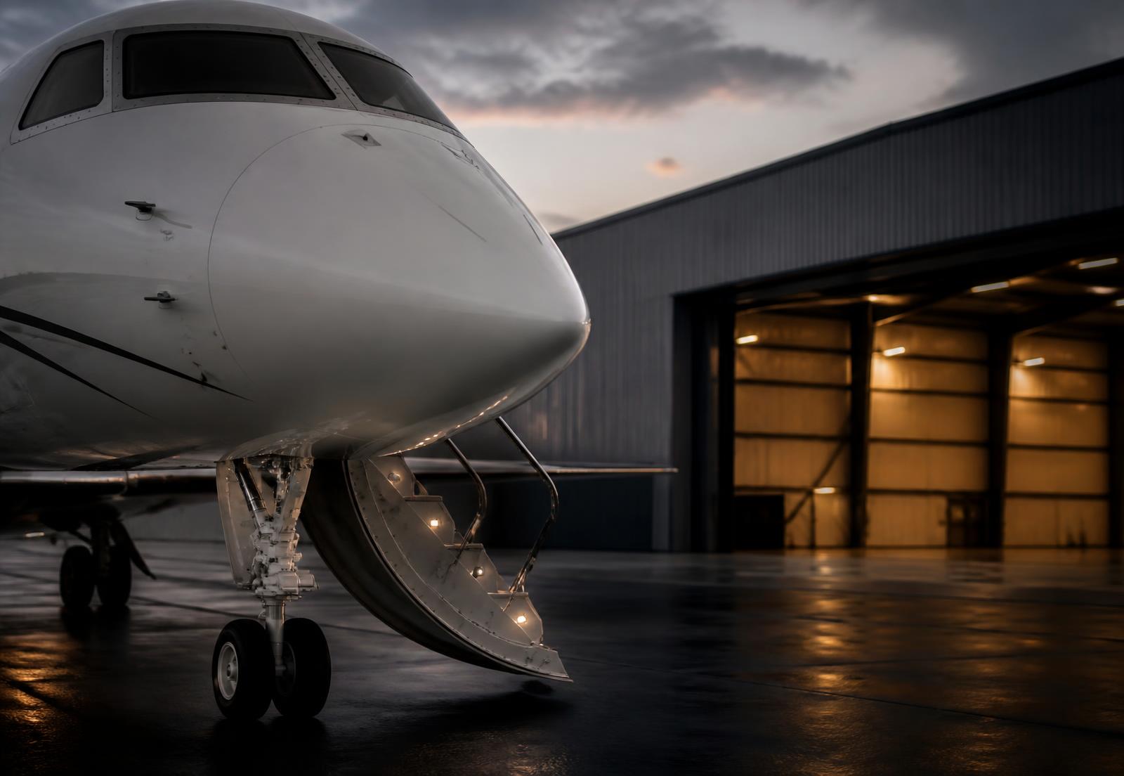 Business jet with airstairs deployed inside a lit hangar