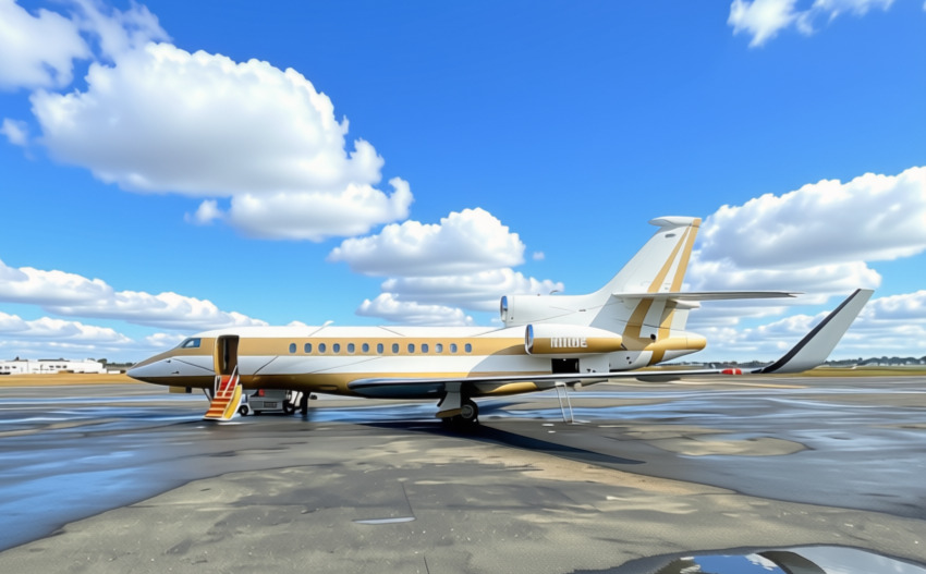 Dassault Falcon with gold livery on a sunlit airport ramp with cloud reflections