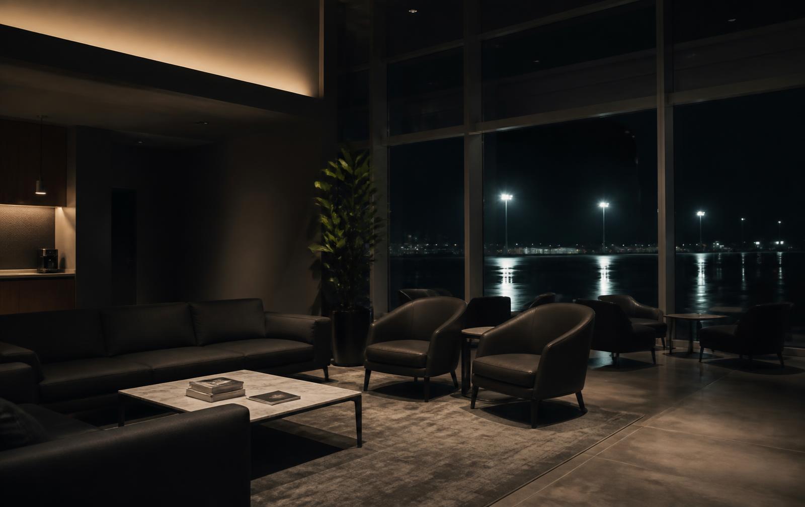Private terminal lounge with a business jet on the ramp beyond