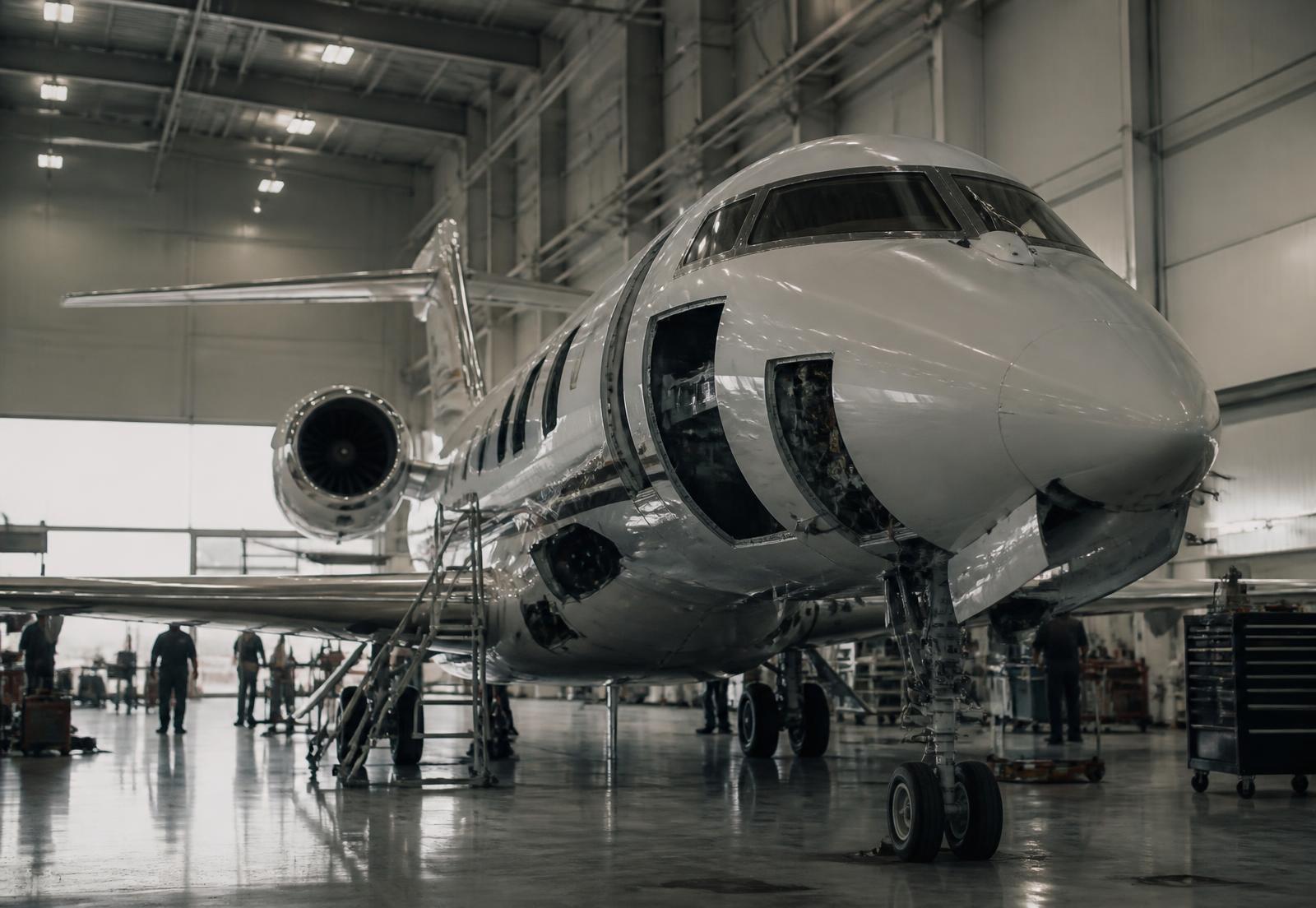 Business jet in a maintenance hangar during a pre-purchase inspection with panels open